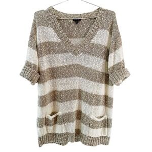 LAFAYETTE 148 Linen Blend Striped Short Sleeve Tunic Sweater • XL • white, tan